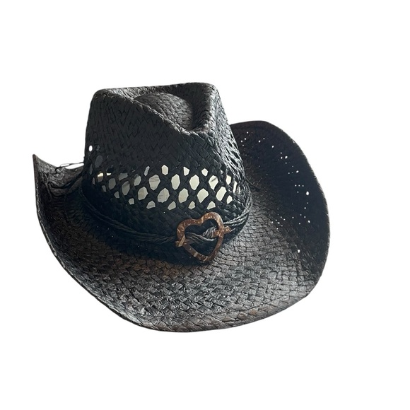 PrettyLittleThing Black Weave Heart Detail Cowboy Hat NWT One Size - Picture 3 of 10